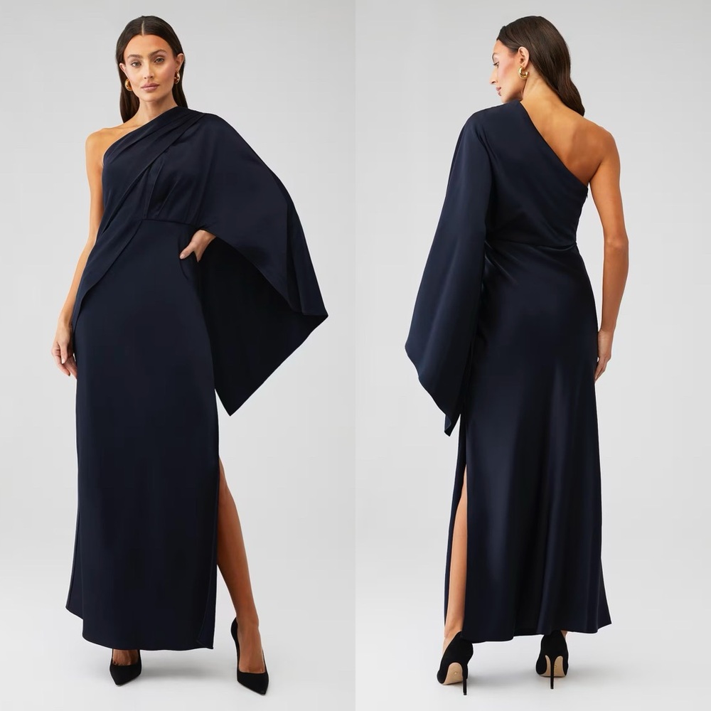 Significant Other Kelsie Satin One Shoulder Maxi Dress Gown Navy